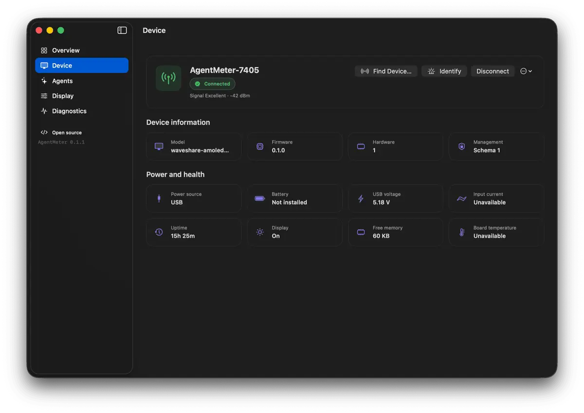AgentMeter macOS app showing the connected device, firmware, power and signal details