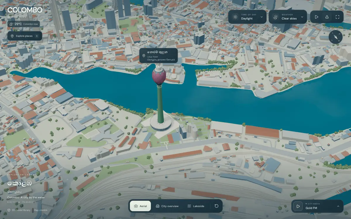 Colombo Atlas showing a stylised 3D Colombo from above, with Lotus Tower beside Beira Lake
