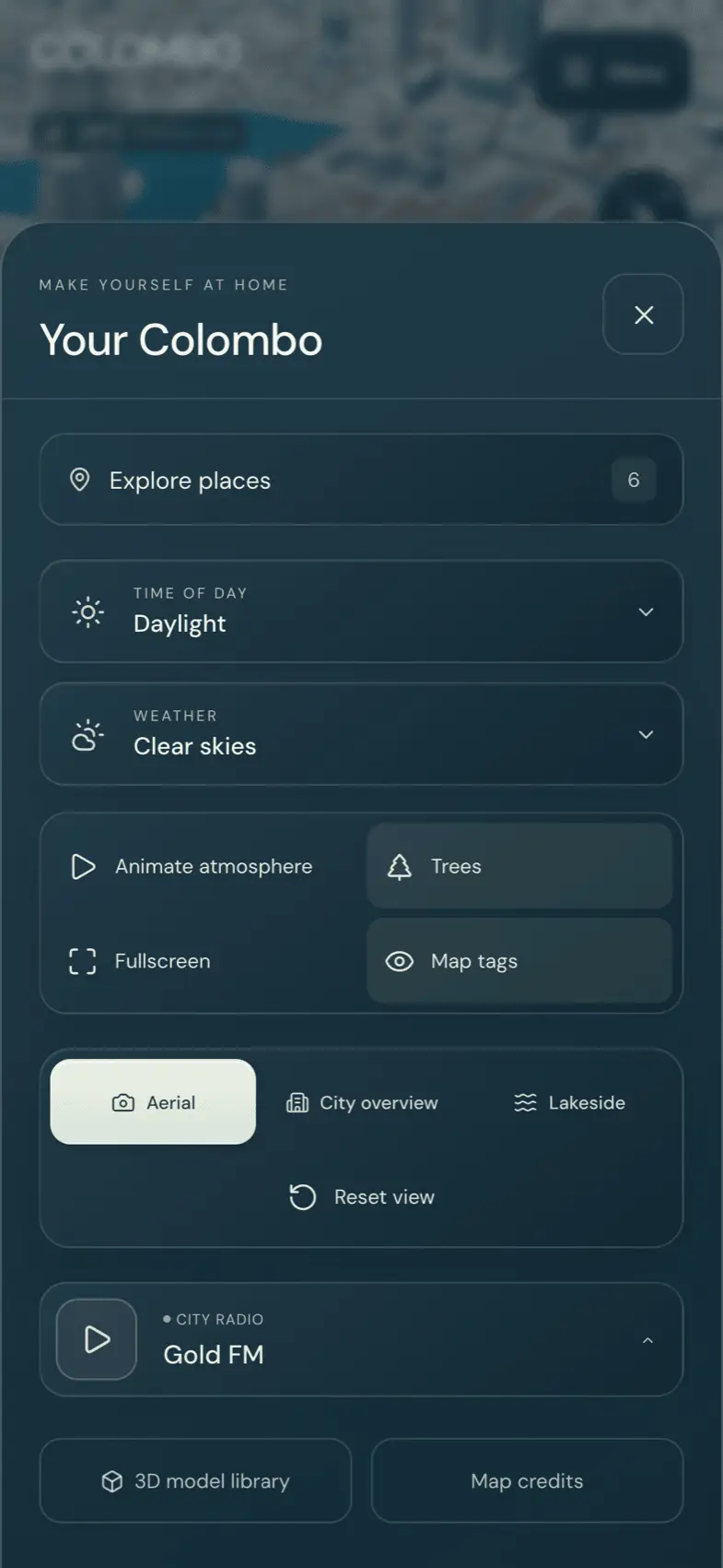 The phone menu with places, time of day, weather, views and radio