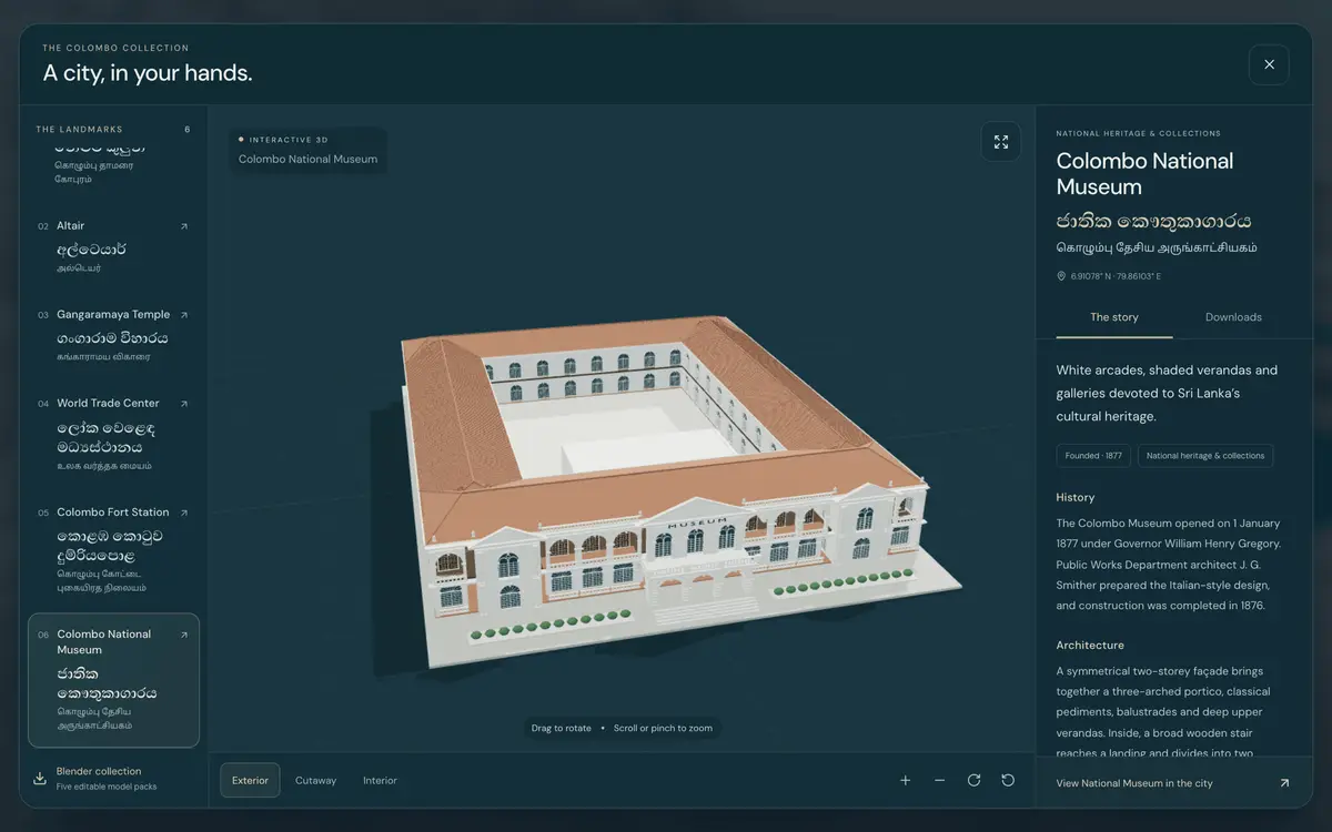 The National Museum in the model viewer, with its story and download options