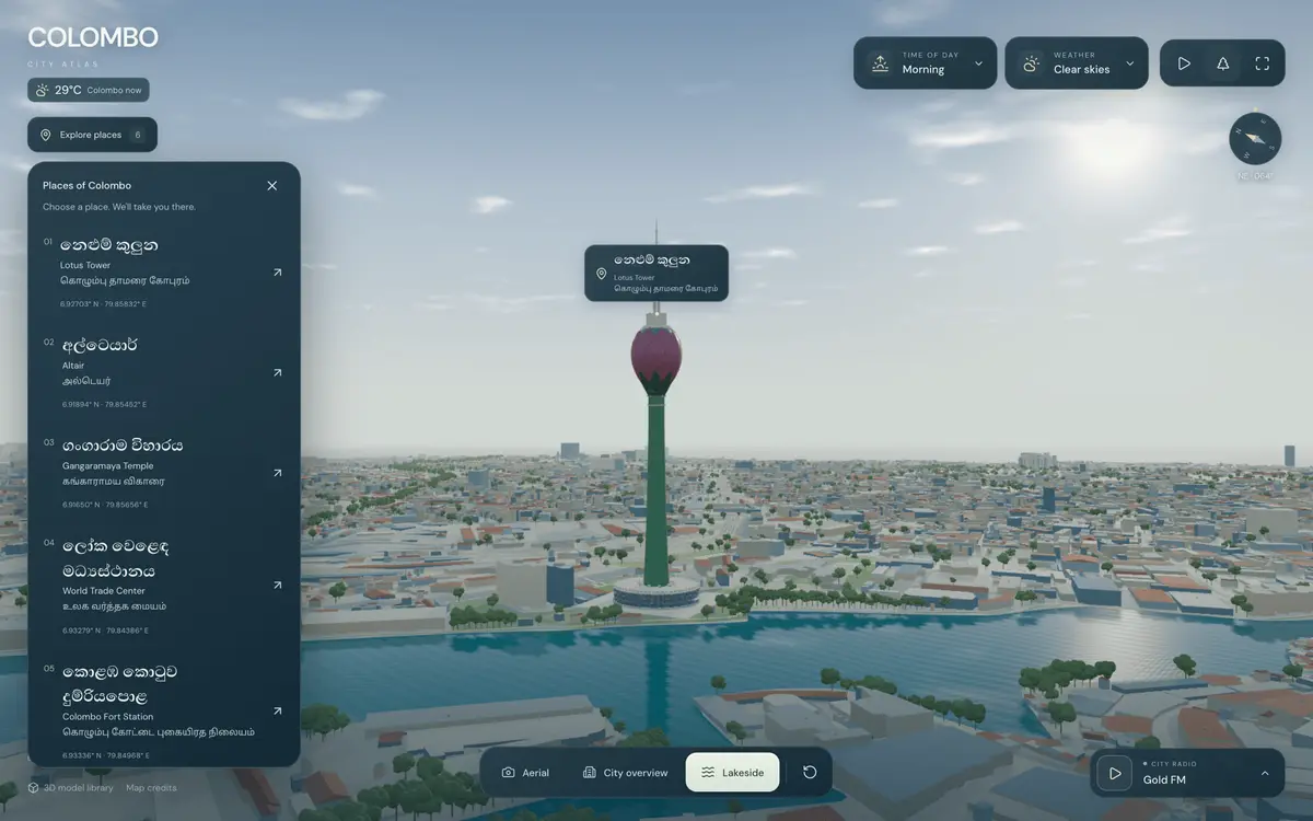 A list of landmarks in three languages beside the lakeside view