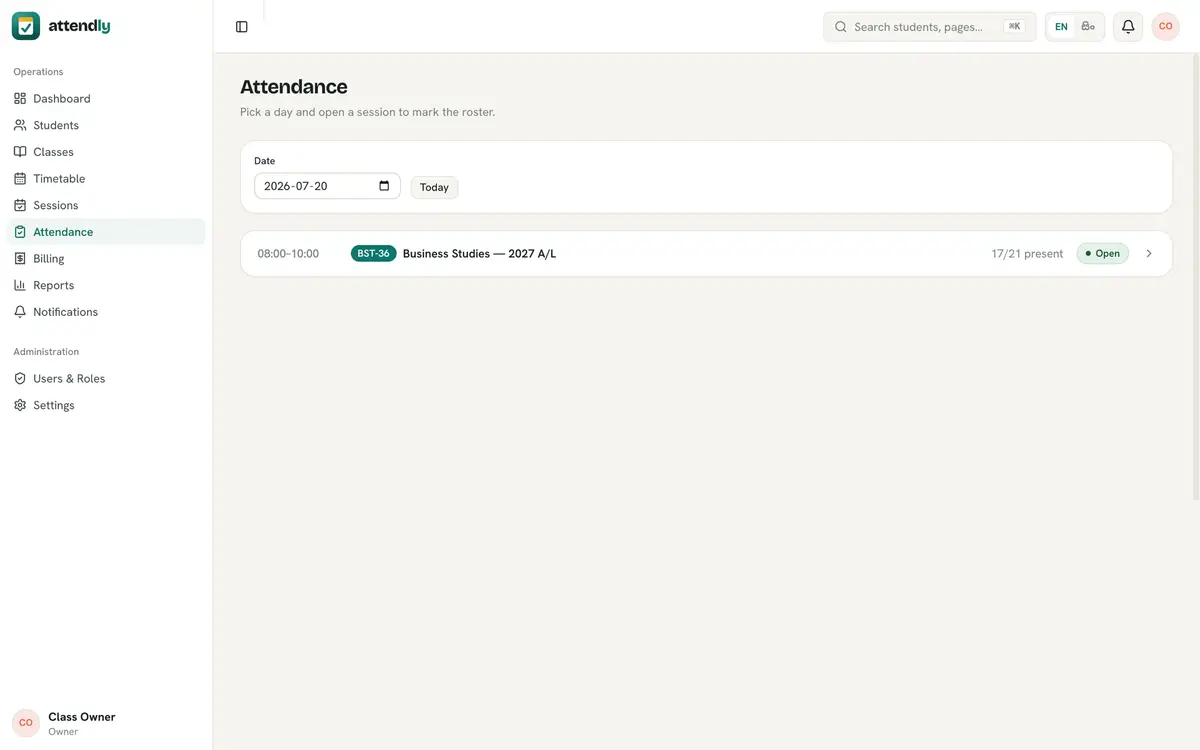 Attendly admin attendance view by session
