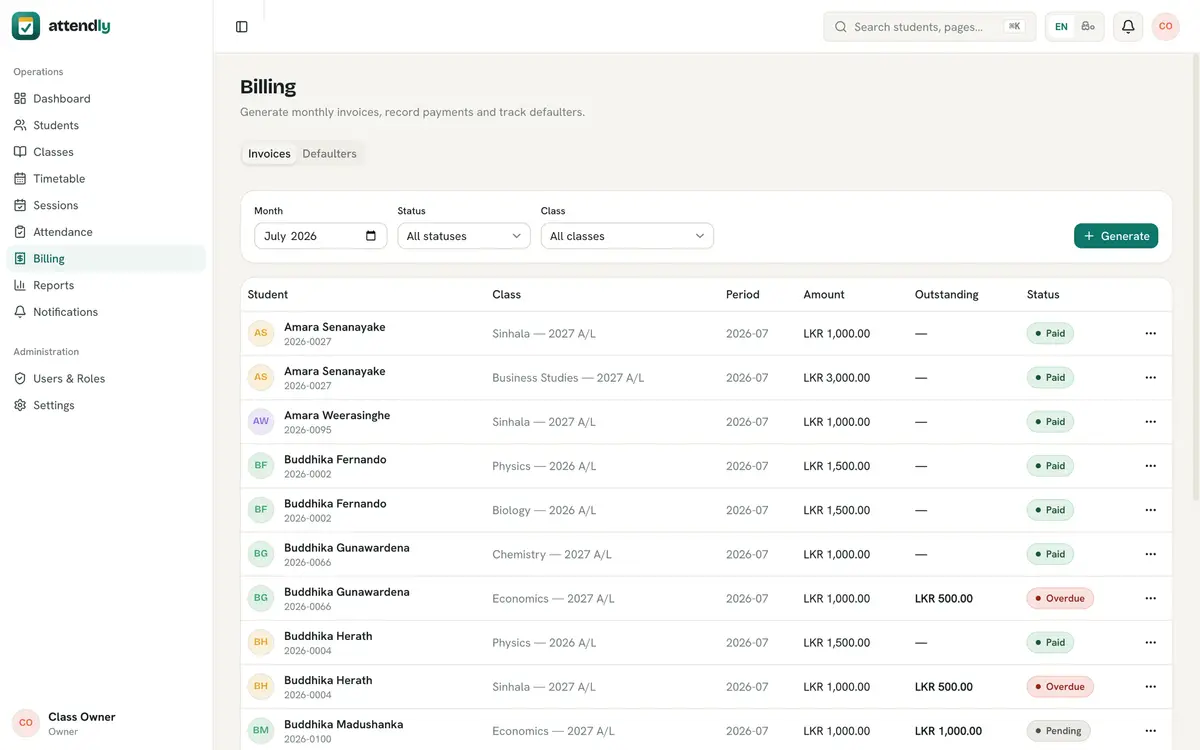 Attendly admin billing view with fee collections