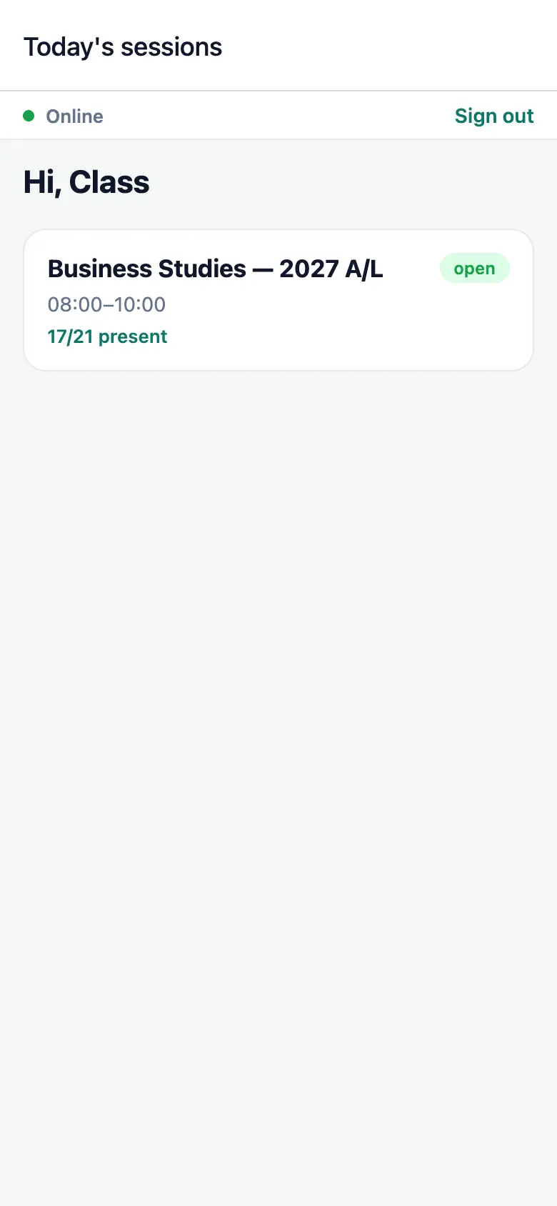 Attendly door app listing today’s sessions with attendance counts