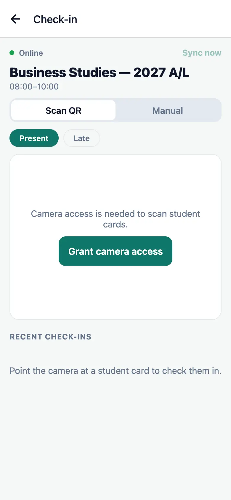 Attendly door app on the check-in screen, ready to scan a student QR card