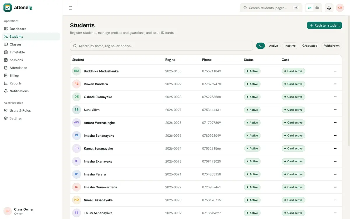 Attendly admin list of students