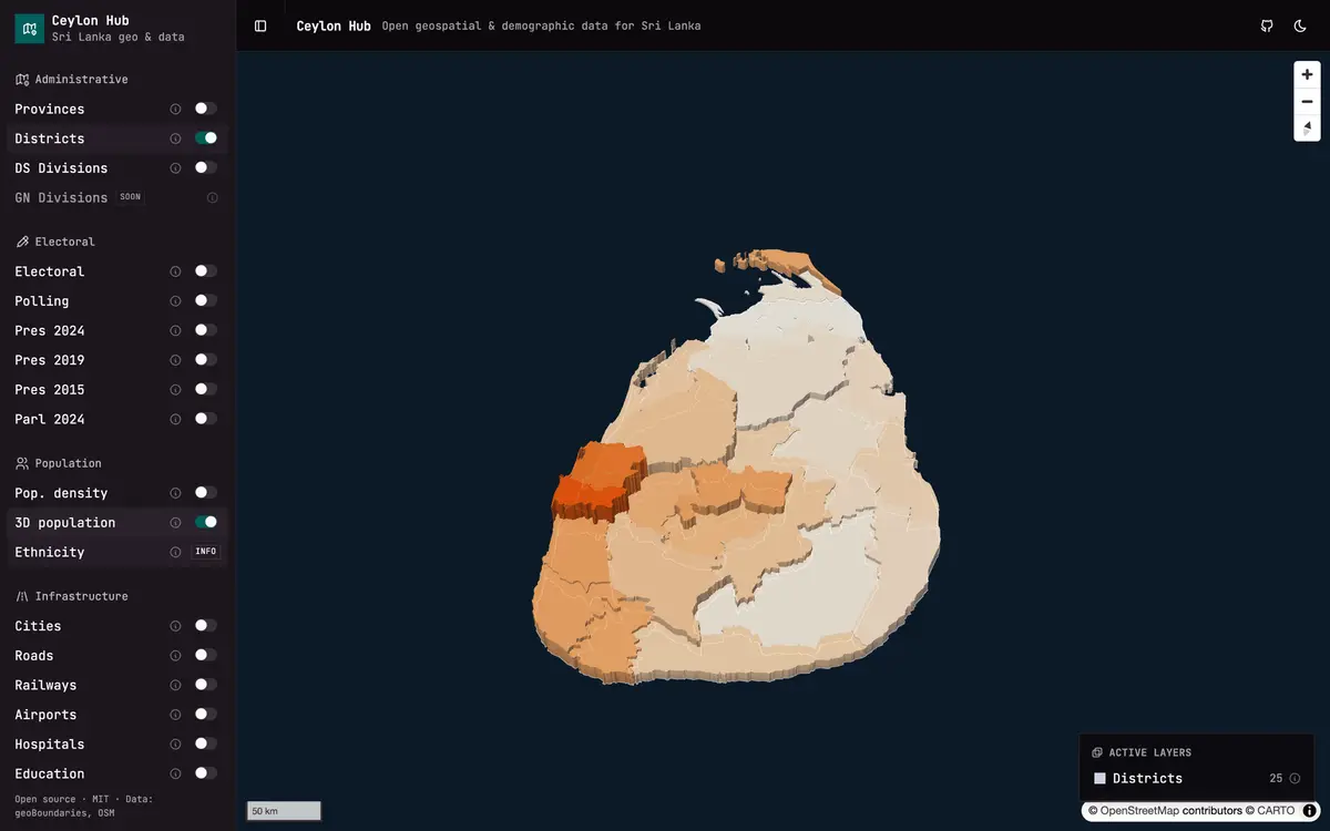 Ceylon Hub with Sri Lanka’s 25 districts extruded by population on a dark map, beside the layer list