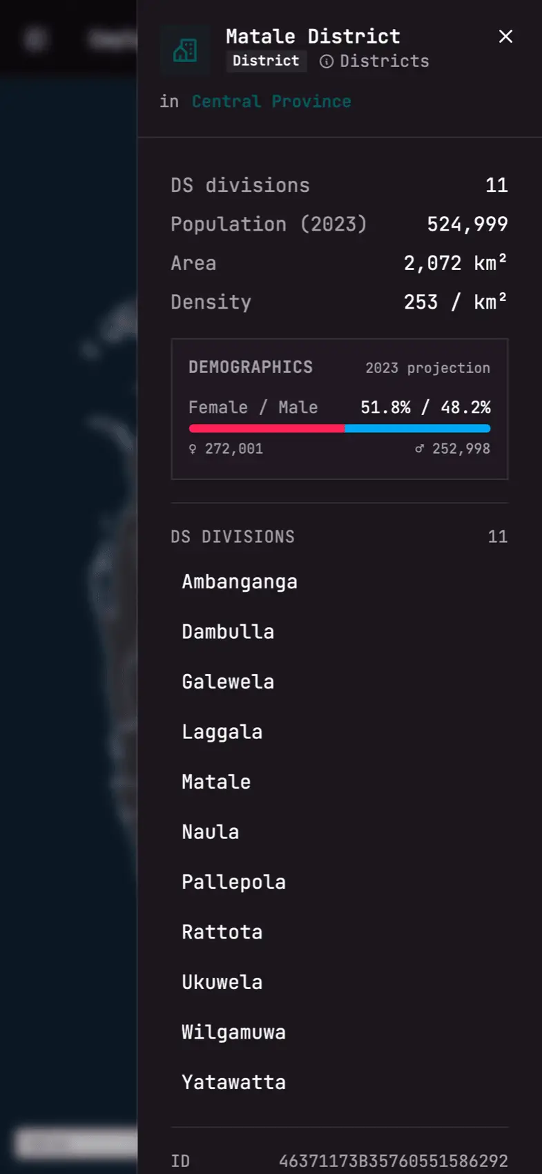 Matale District on a phone with its population, area, density and DS divisions