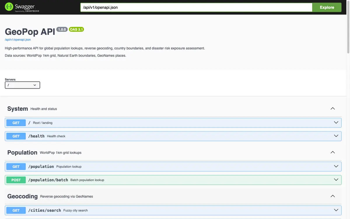 GeoPop Swagger API documentation with population and geocoding endpoints