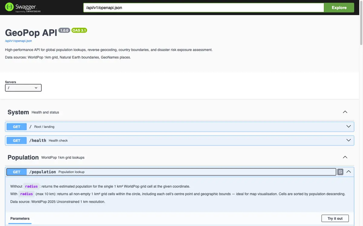 GeoPop population endpoint documentation with coordinate and radius parameters