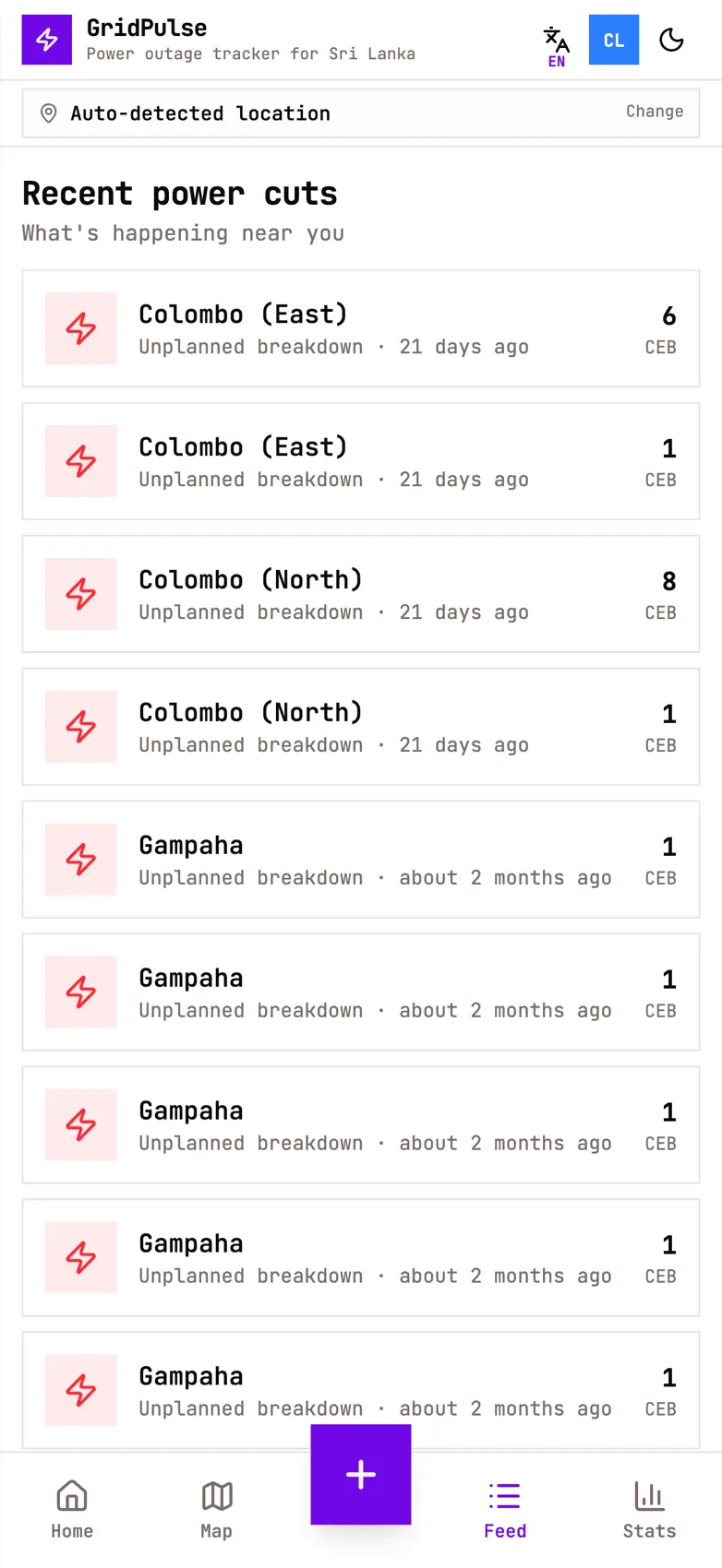 GridPulse feed of recent outage reports