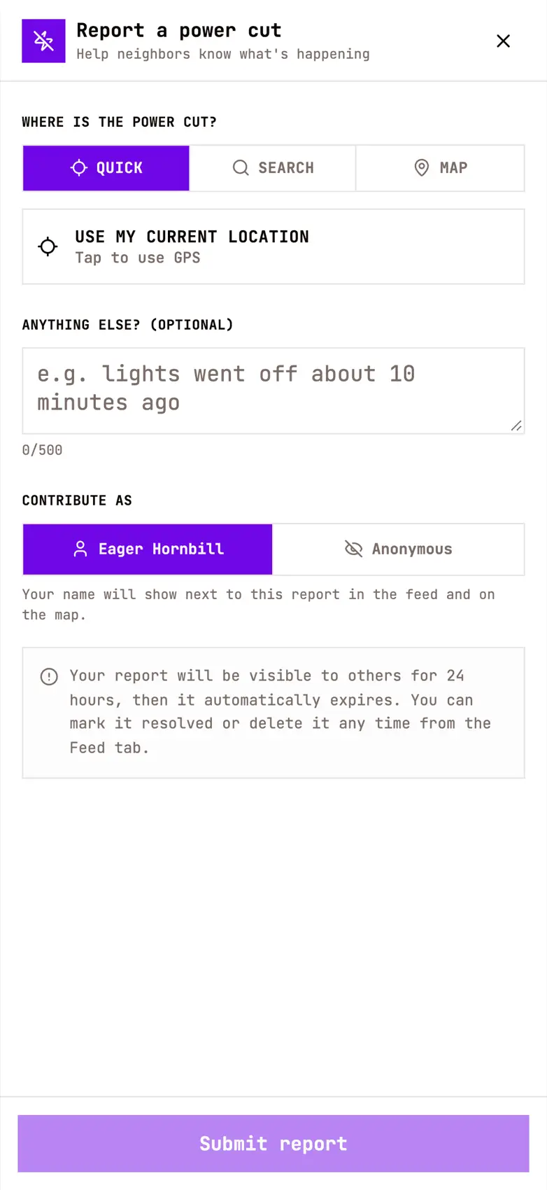 GridPulse outage-report form with a location choice and an optional note