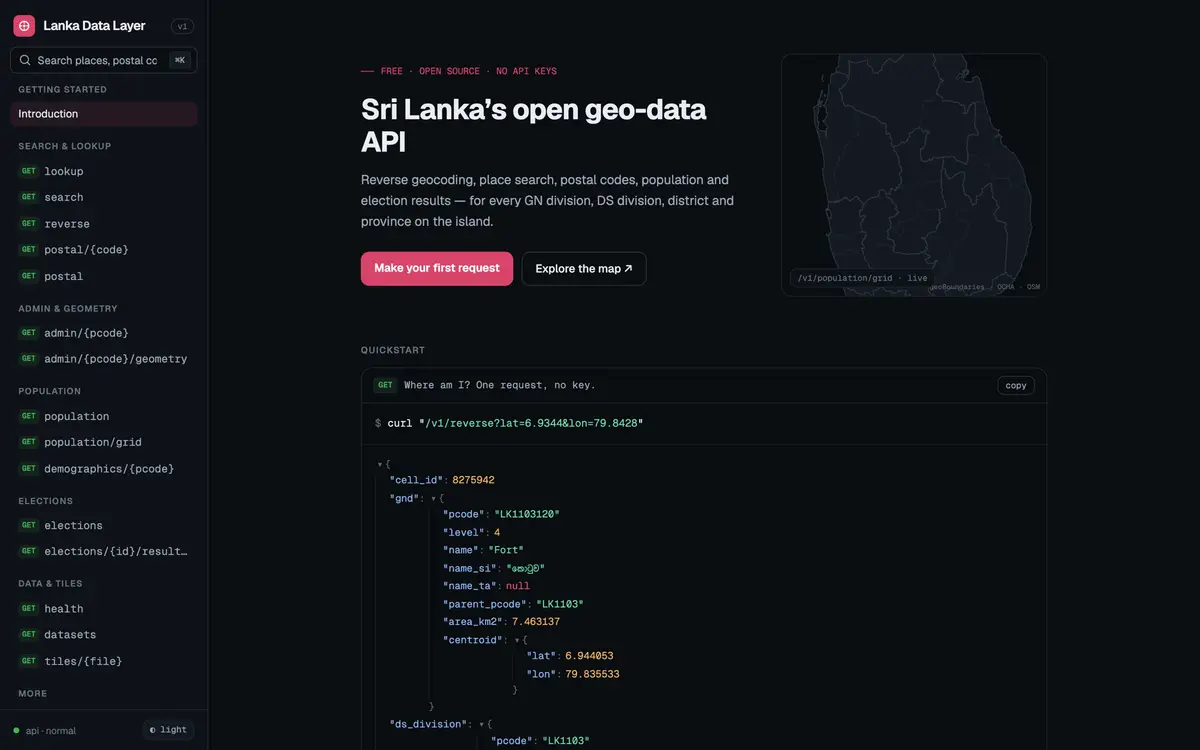 Lanka Data Layer documentation home with a quickstart request and the endpoint list