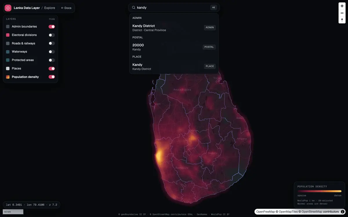 Searching for Kandy returns an admin unit, a postal code and a place, grouped by type