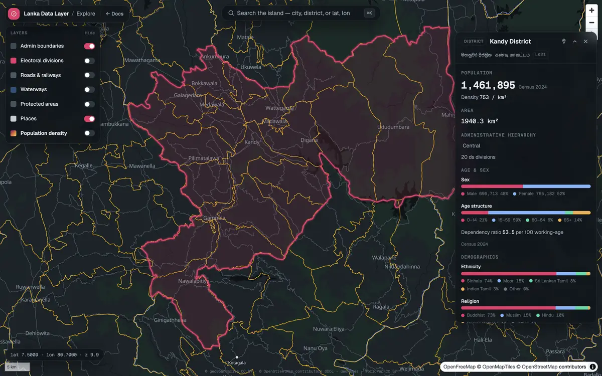 Kandy District outlined on the map with a card of its 2024 census population, density, area and demographics