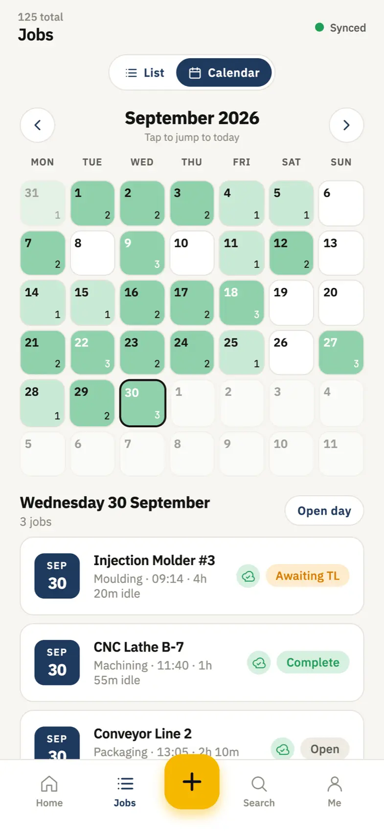 Monthly calendar shaded by the number of jobs each day, with the selected day’s jobs below