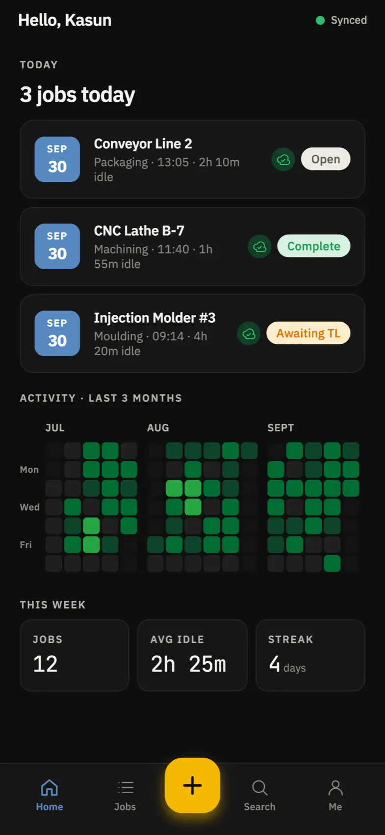 MendLog home screen in the dark theme