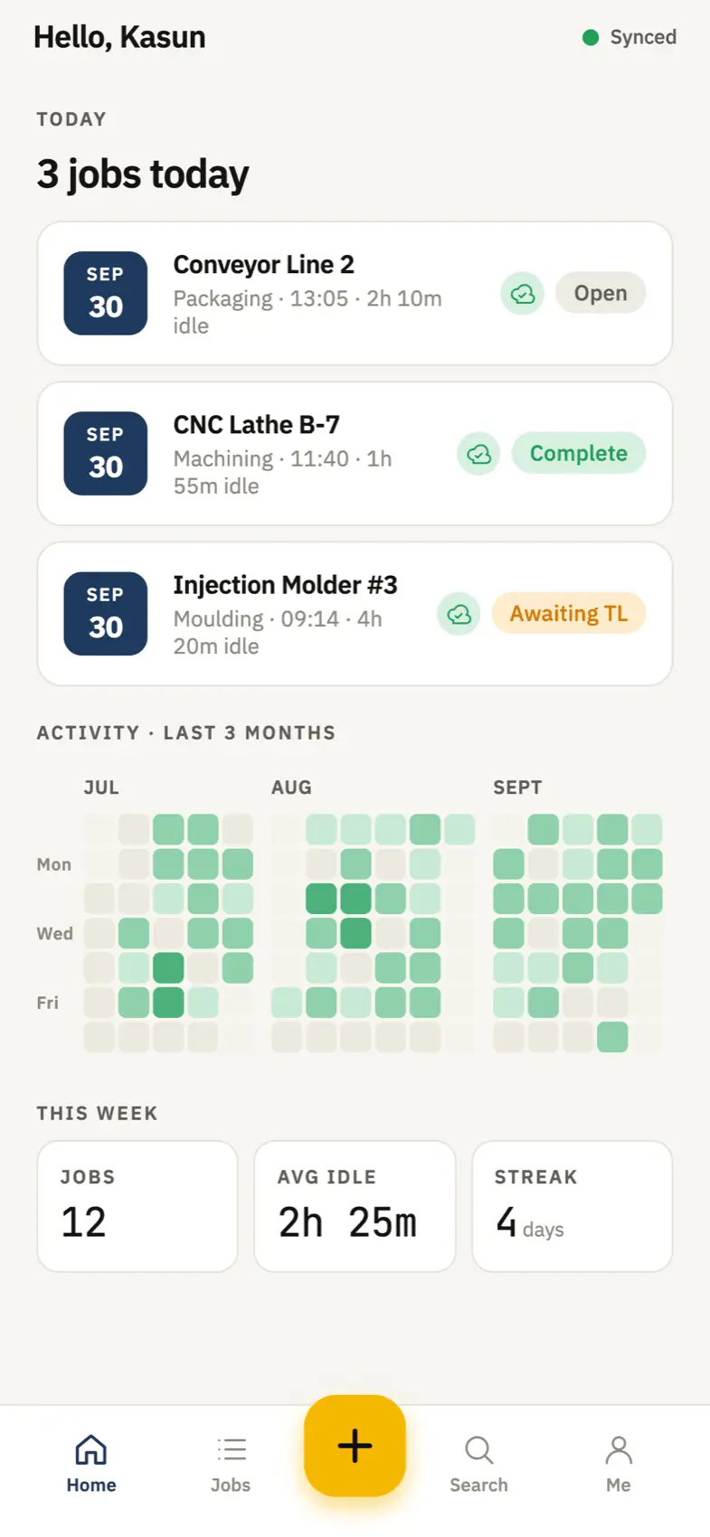 MendLog home screen with three jobs logged today, a three-month activity heatmap and weekly stats