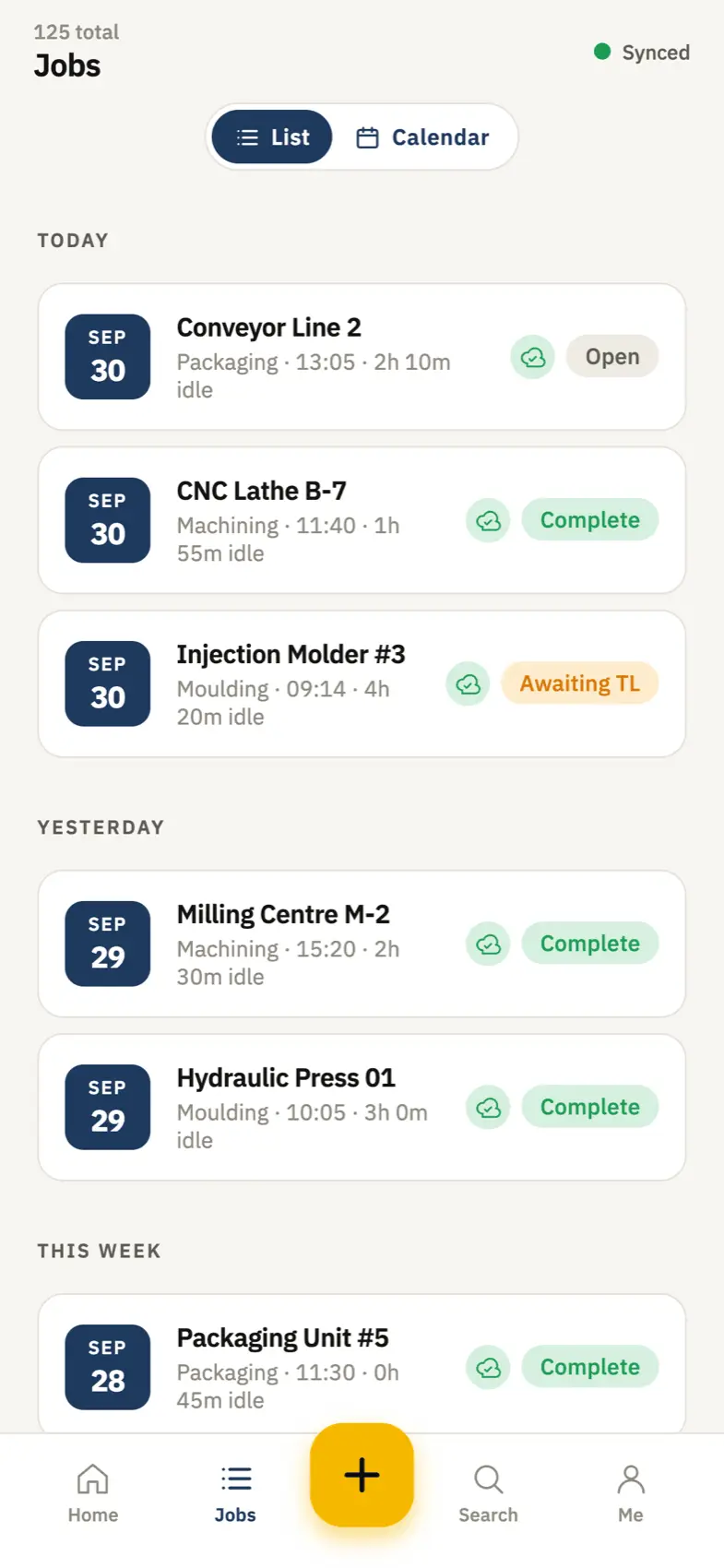 MendLog list of repair jobs grouped by day, each with machine, department, idle time and status