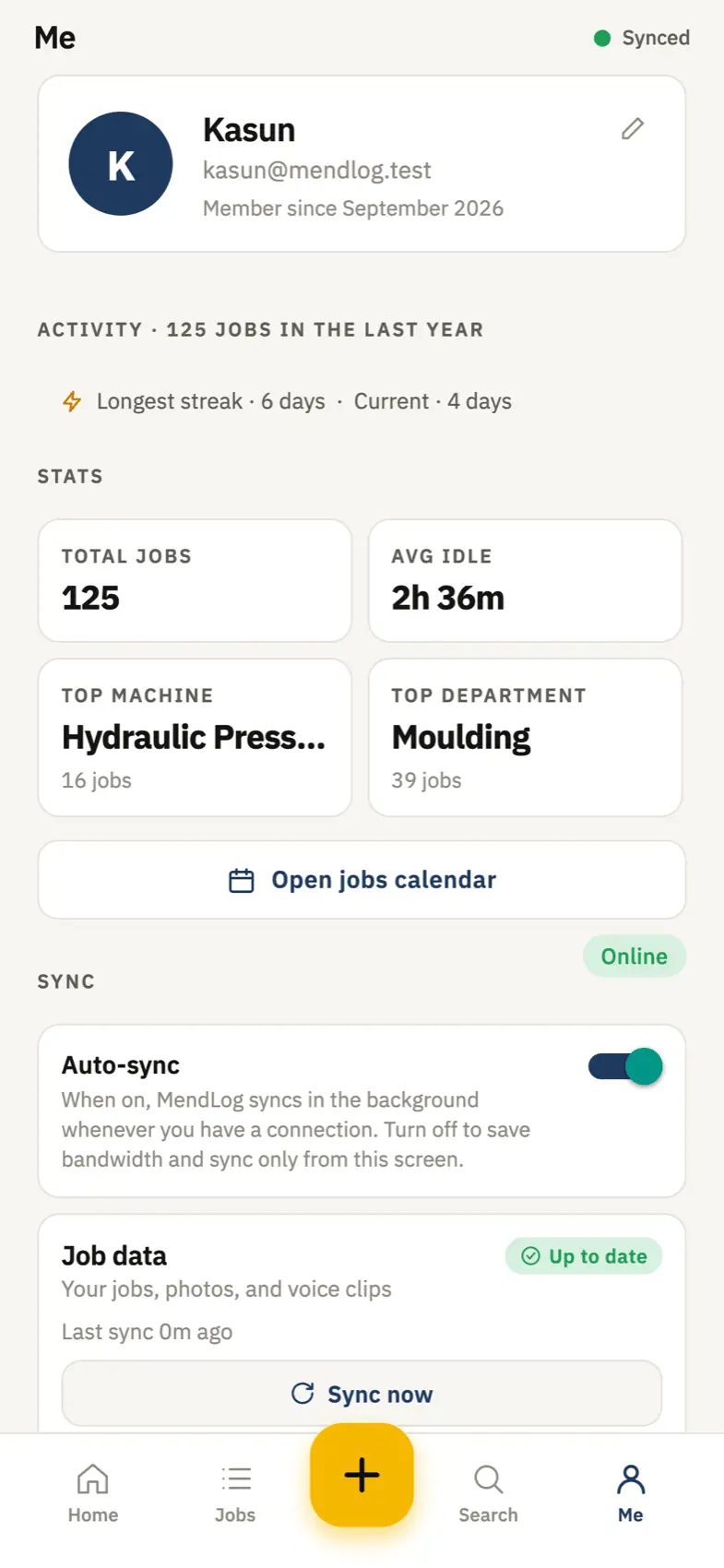 Profile screen with job totals, streaks and sync controls