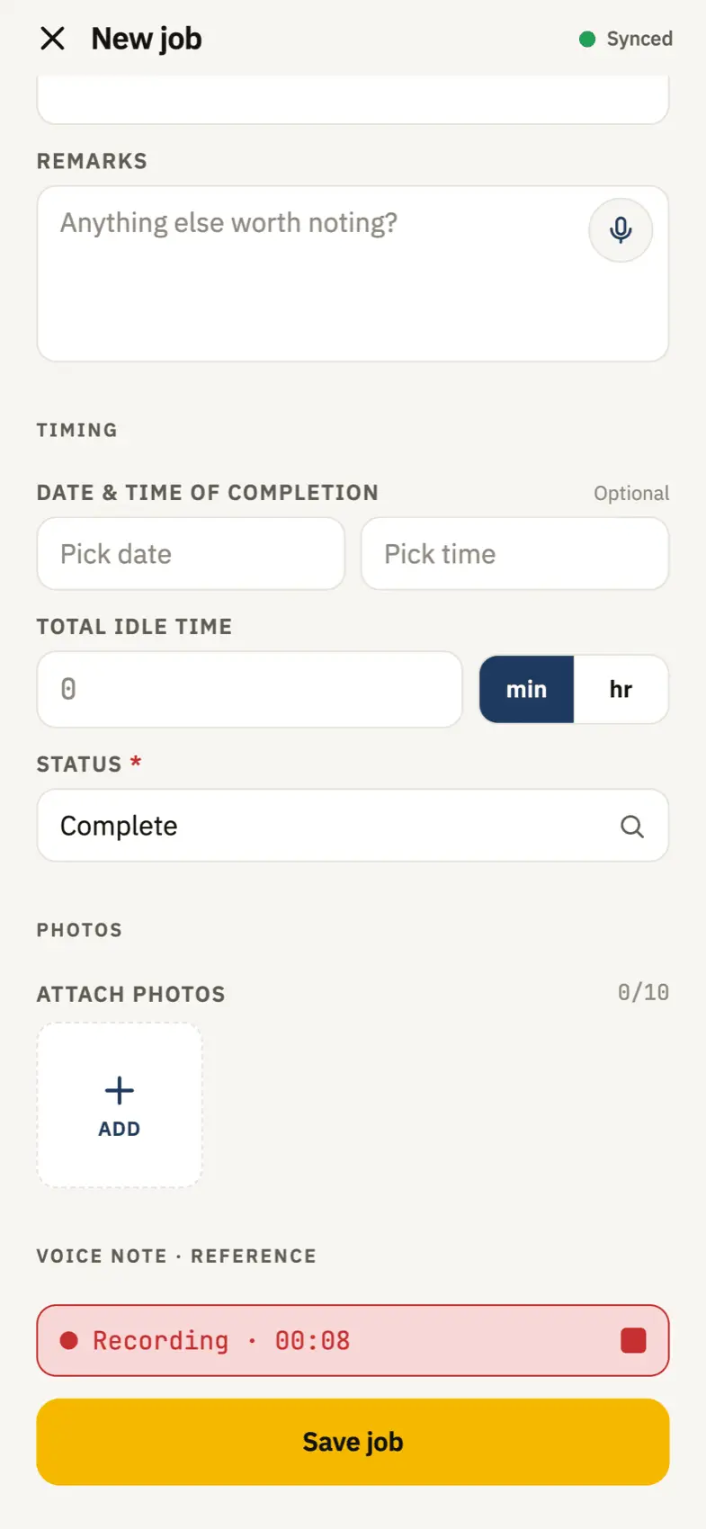 New job form with a voice note recording in progress above the save button