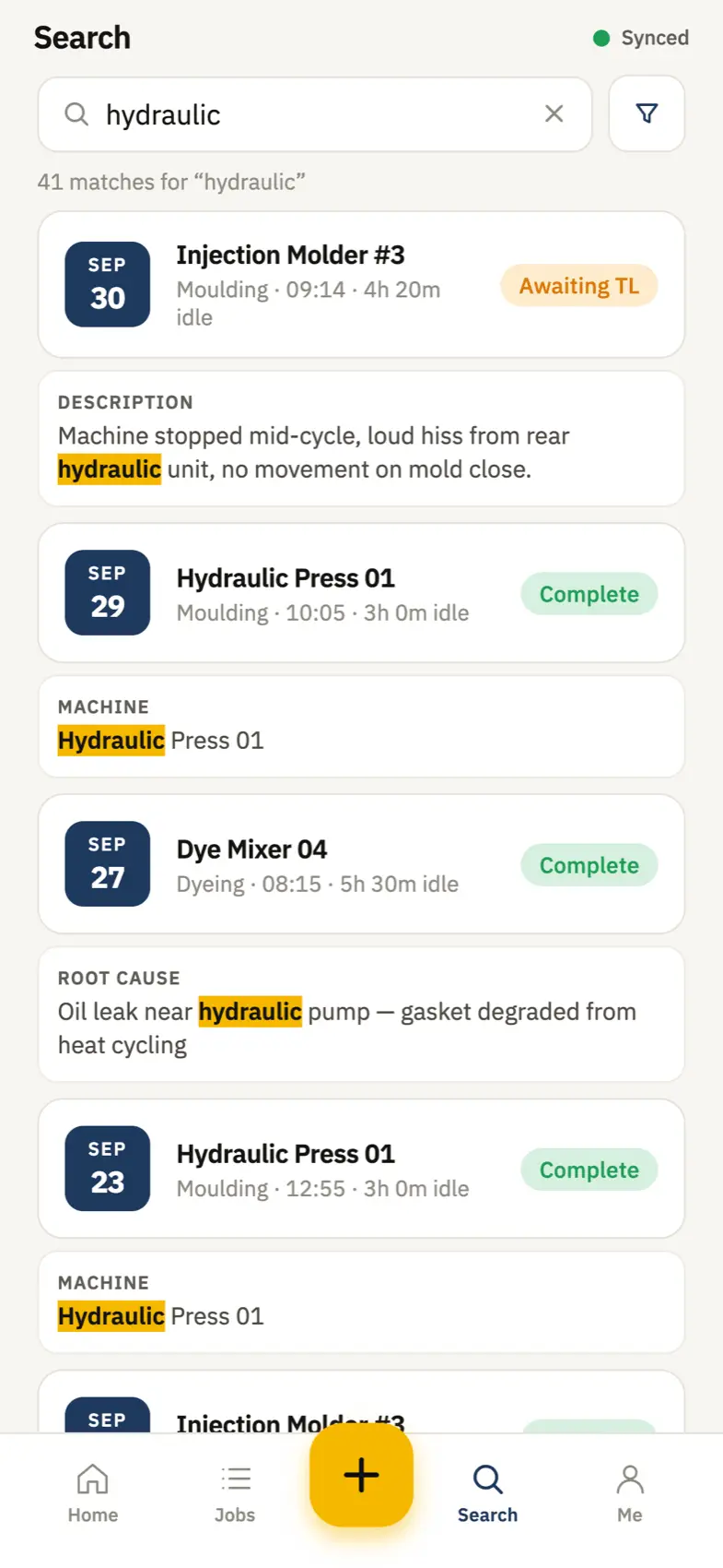 Search results for hydraulic with the matched field highlighted under each job