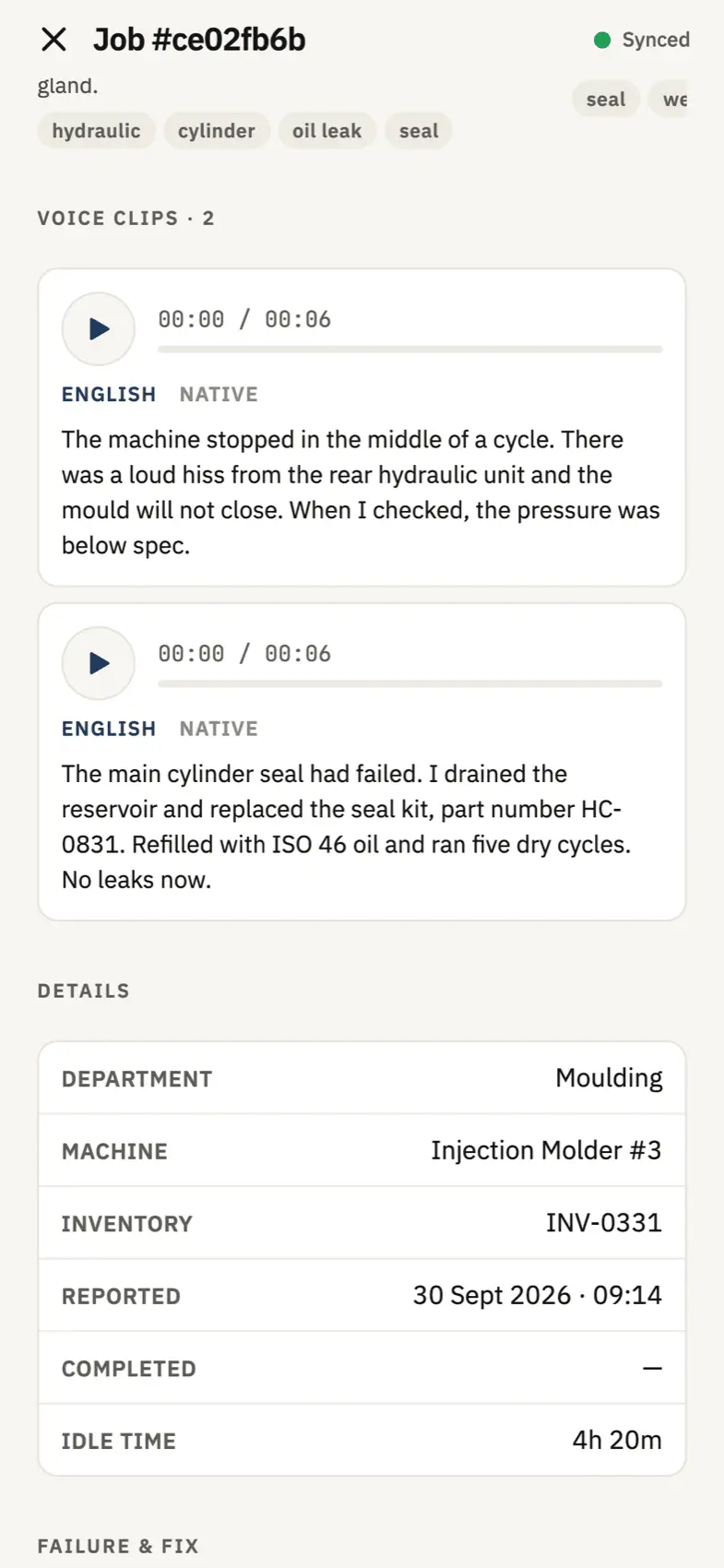 Two voice clips on a repair job with their transcripts and the job details below
