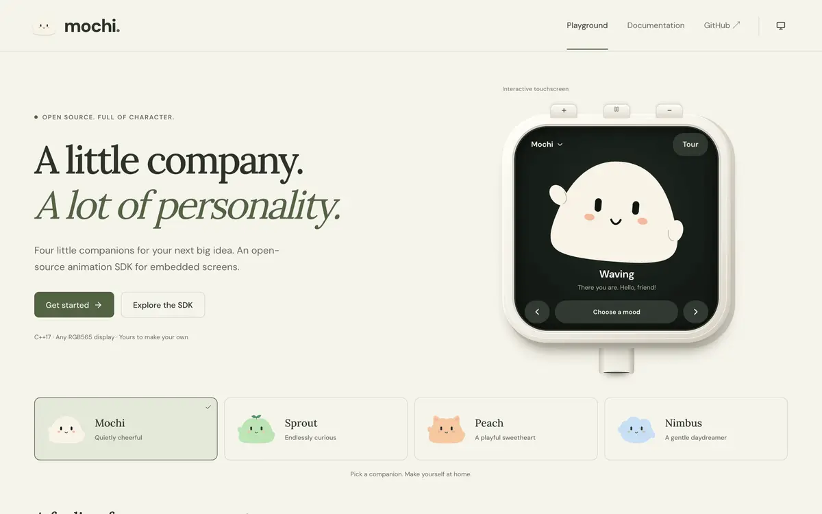 Mochi’s site with the cream Mochi waving on a device mock-up and four character cards
