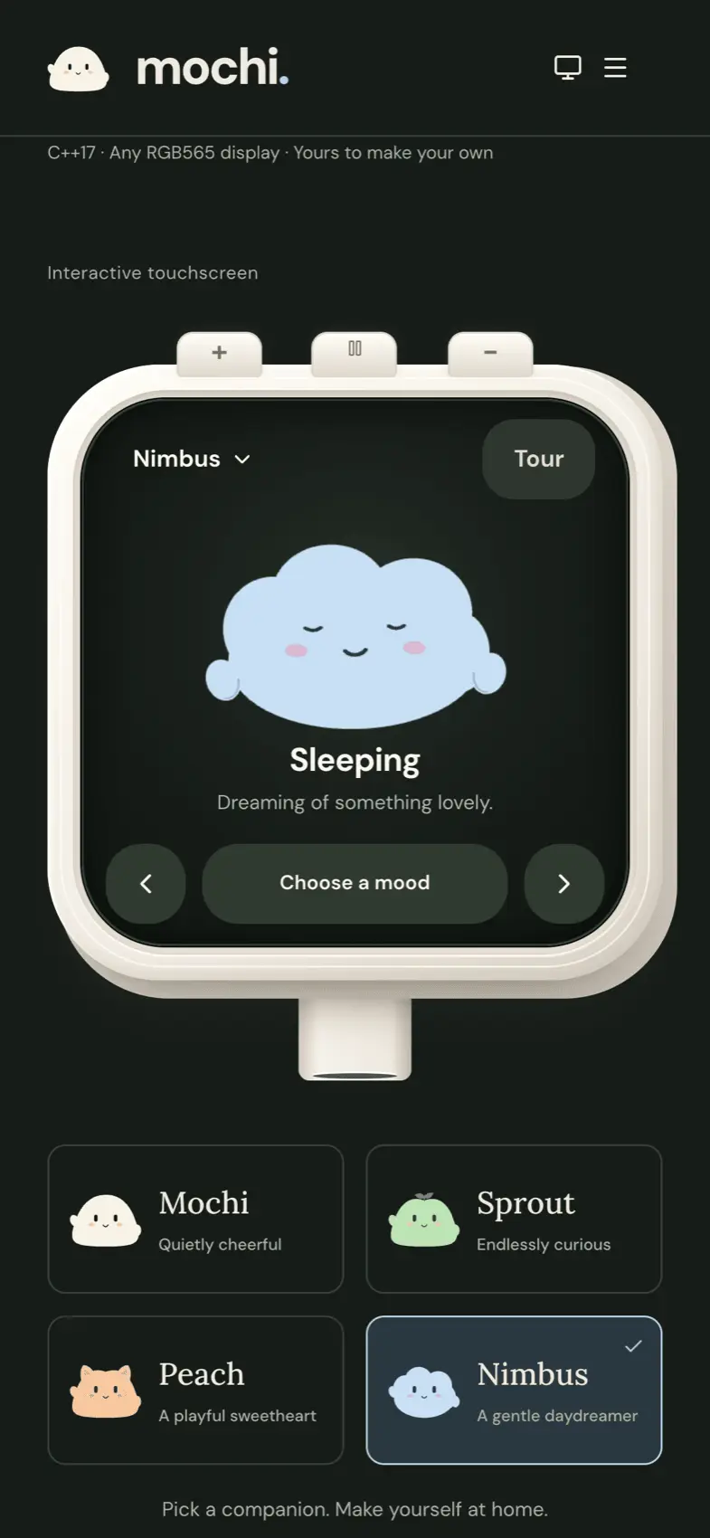 Nimbus the blue cloud sleeping on the device, in the dark theme on a phone