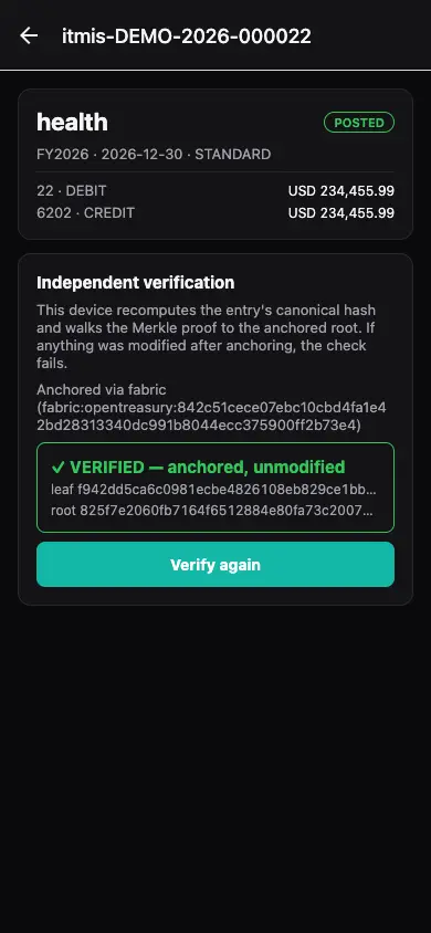 OpenTreasury phone verifier showing a journal entry marked verified, anchored and unmodified