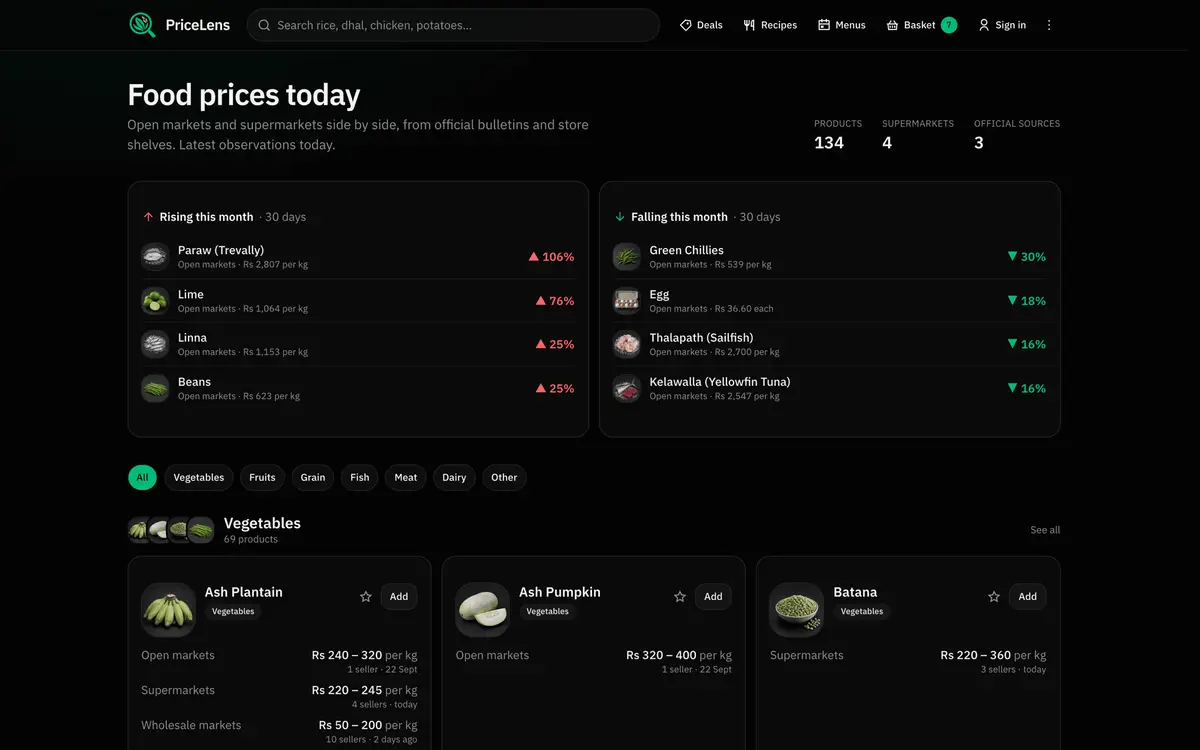 Lanka PriceLens price board in the dark theme