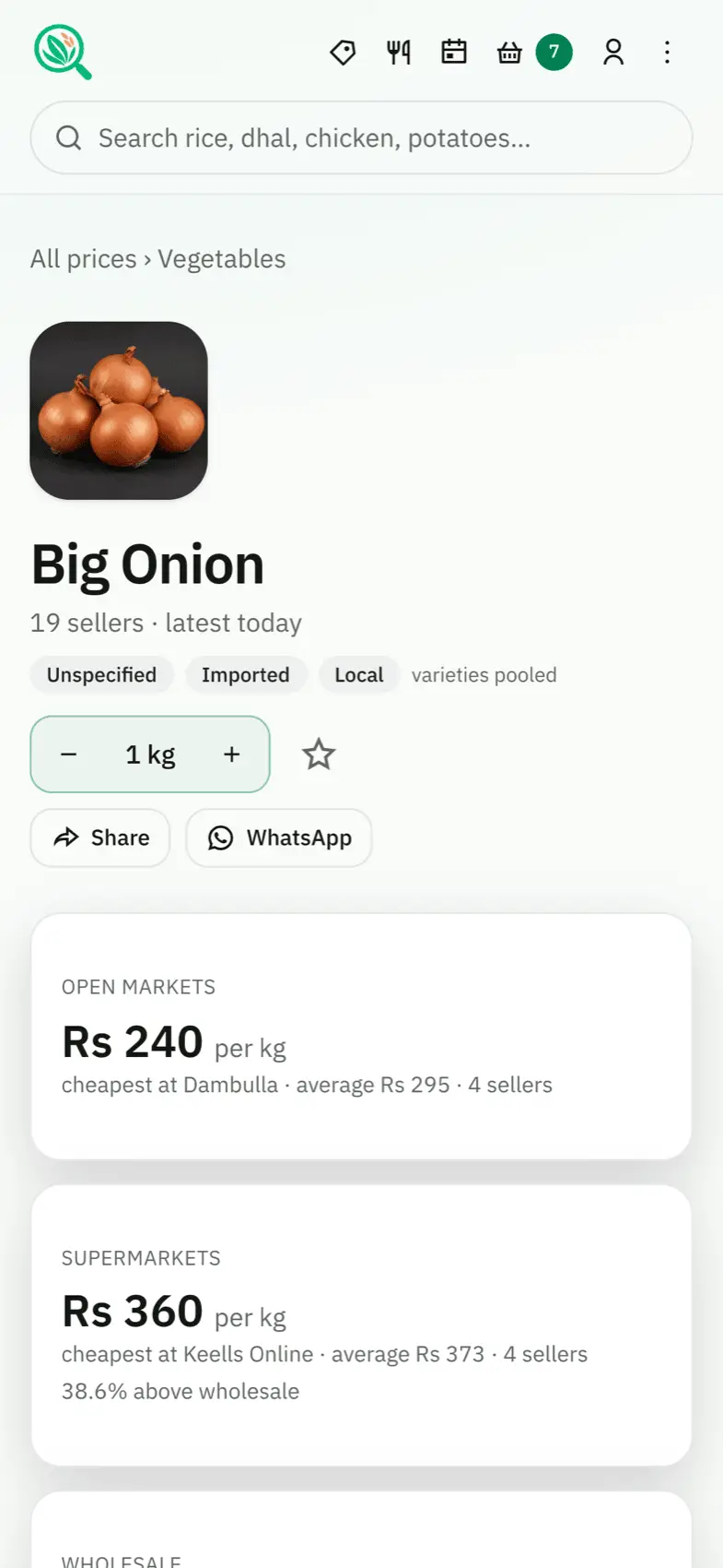 Big Onion on a phone with the cheapest open-market and supermarket price per kilogram