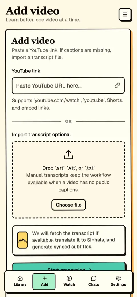 Vidura screen for adding a YouTube video to translate
