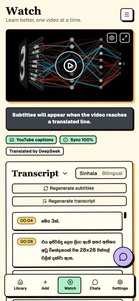 Vidura watch screen with a YouTube lesson and timestamped Sinhala transcript